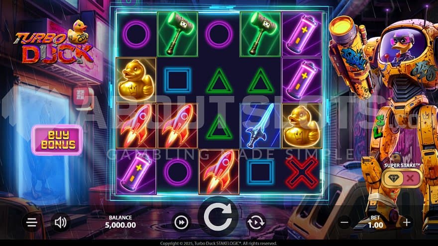 A casino slot with a robot next to the reels.