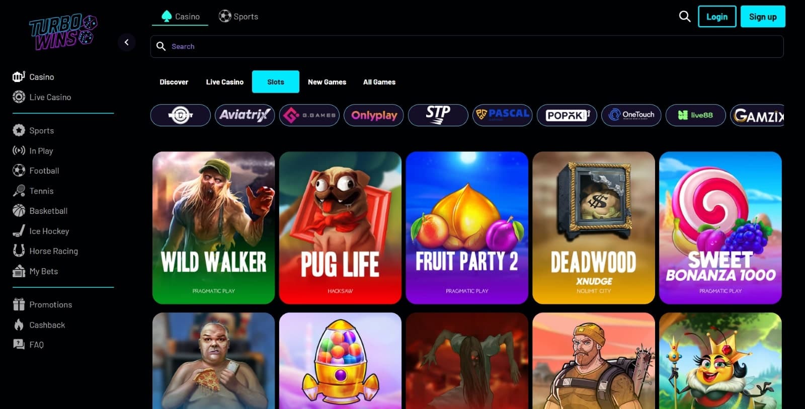 TurboWins Casino games page featuring slot such as Wild Walker, Pug Life, Sweet Bonanza and many more megaways and bonus buys