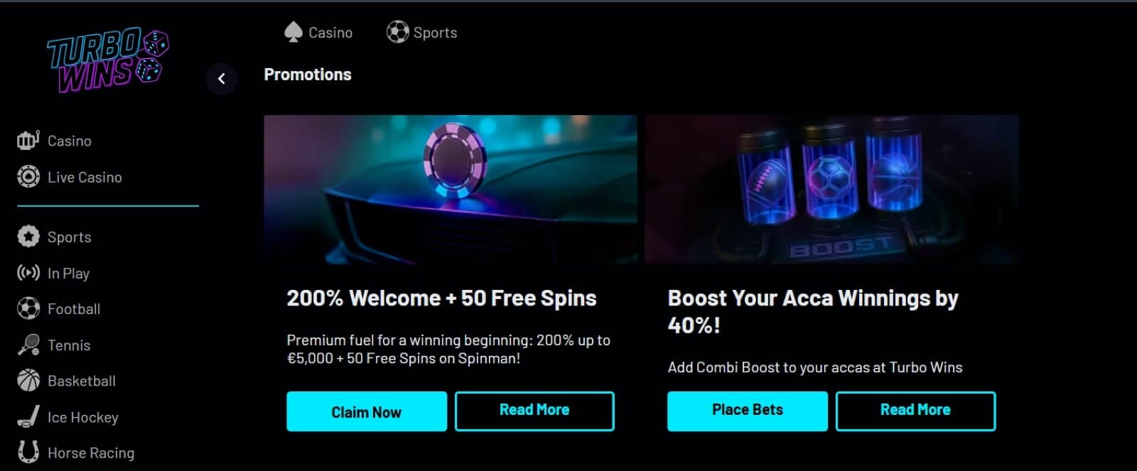 TurboWins Casino promotions page featuring casino and sports promotions, namely the 200% welcome bonus and acca boost
