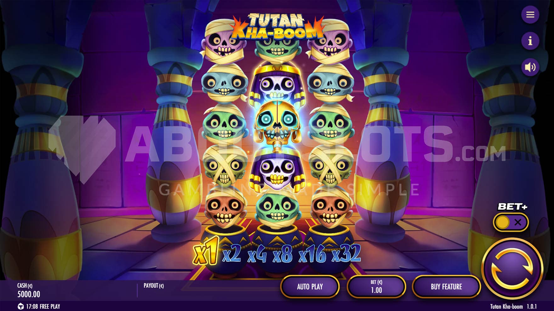 Base Game view of a 3x5 grid on a backdrop of an Ancient Egyptian chamber.