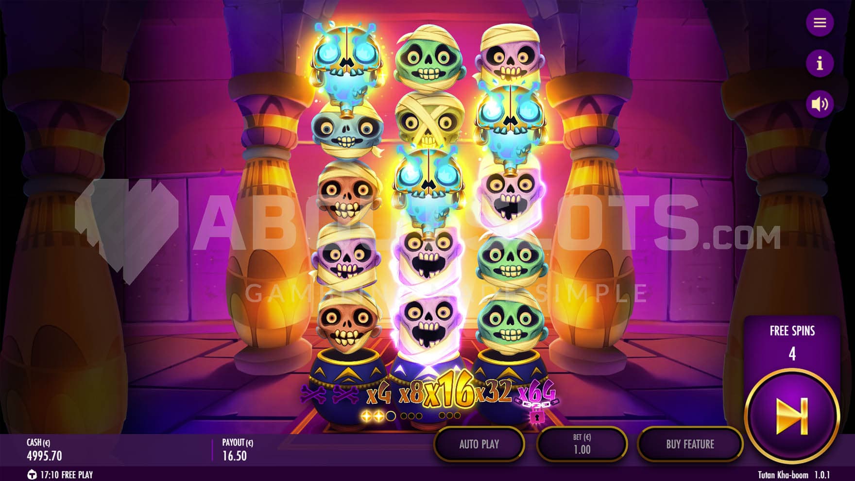 Bonus Game in progress, showing 3 Scatters on the grid and the multiplier trail advanced to x16.