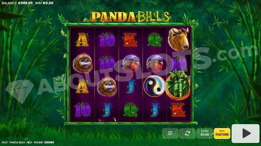 Five casino reels in a bamboo jungle.