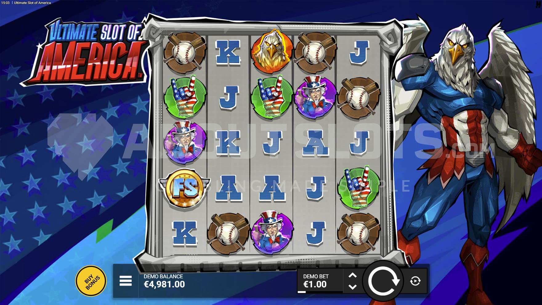 Base Game view of a 5x5 grid on a backdrop of an American flag and with an anthropomorphized American Bald Eagle dresses in superhero costume standing on the right.