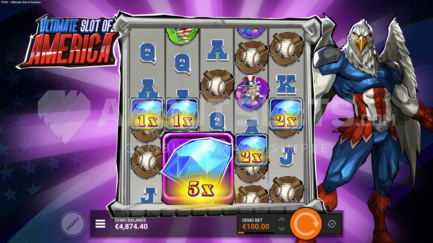 Epic Cluster feature triggered in the base game, showing a 5x multiplier on a 2x2 cluster of diamonds.