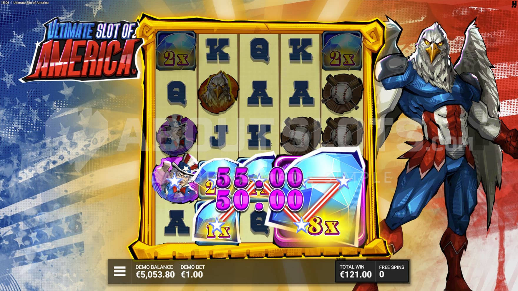 Red, White, Bling! Bonus in progress, showing multiple Liberty Gems sticky on the grid contributing to big wins.