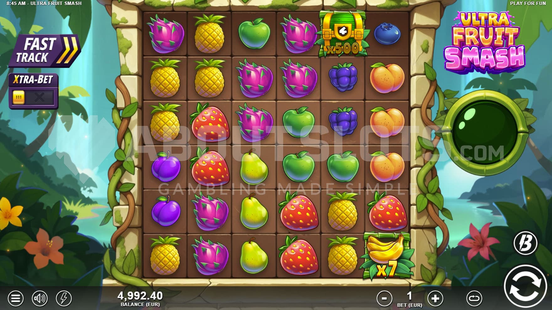 Base Game view of a 6x6 grid on a backdrop of a tropical landscape with a pond in the middle.