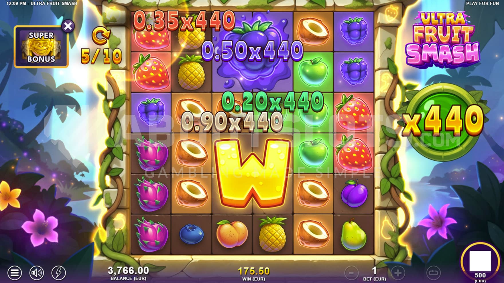 Super Bonus in progress, showing the Win Multiplier increased to x440 and multiple wins on the grid.