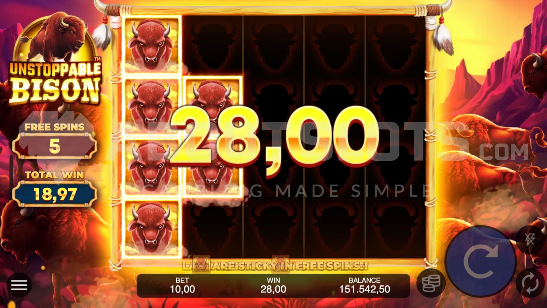 A win with bison symbols on reels 1 and 2.