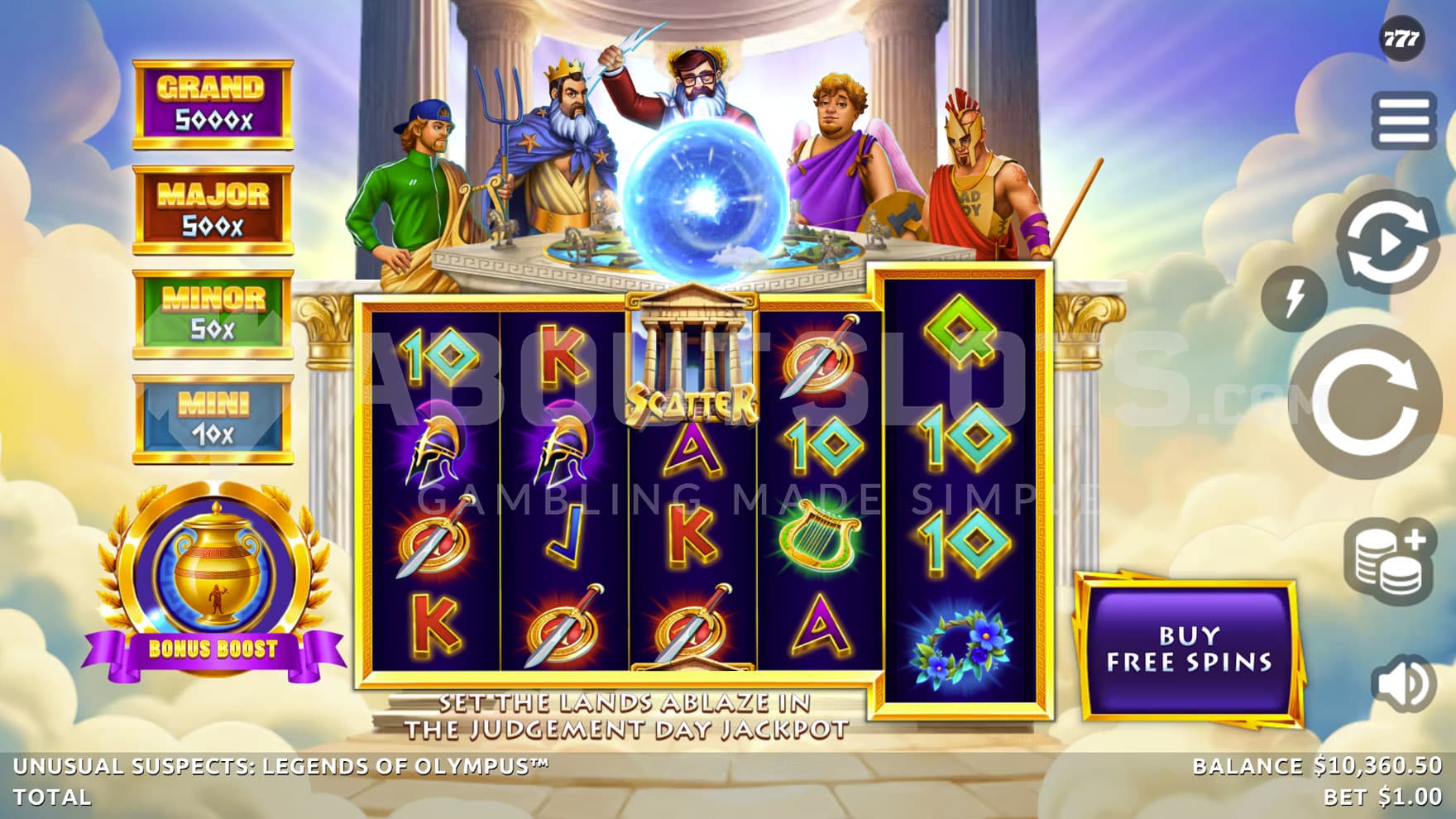 Base Game view of a 5x4 grid on a backdrop of a cloudy sky, with 5 men dressed as Greek gods above the reels.