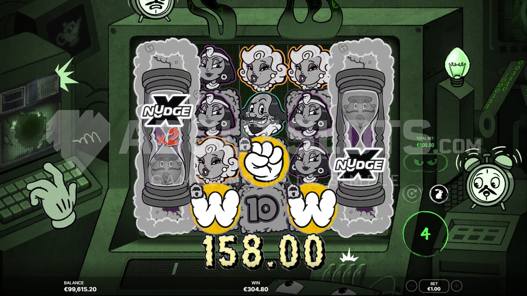 Super Wishtrix Spins in progress, showing two xNudge Wilds and three Wish a Wish symbols on the grid.