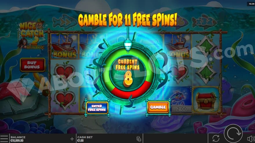 A wheel where 8 free spins can be gambled for 11 spins.