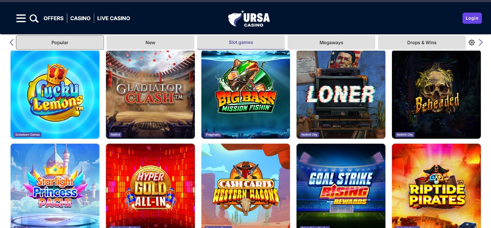 Ursa Casino games page with slots under game category tabs