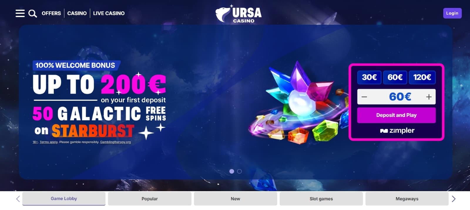Ursa Casino Landing page with welcome bonus banner with celestial image theme