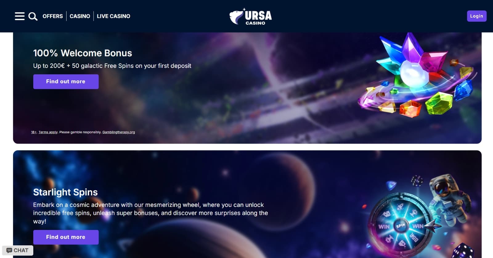 Ursa Casino promotions page with bonus offers like 100% welcome offer and prize wheel spins