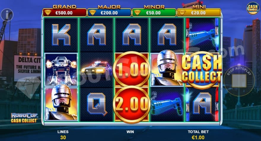 Cash Collect feature being active with a cash collect symbol on the fifth reel.