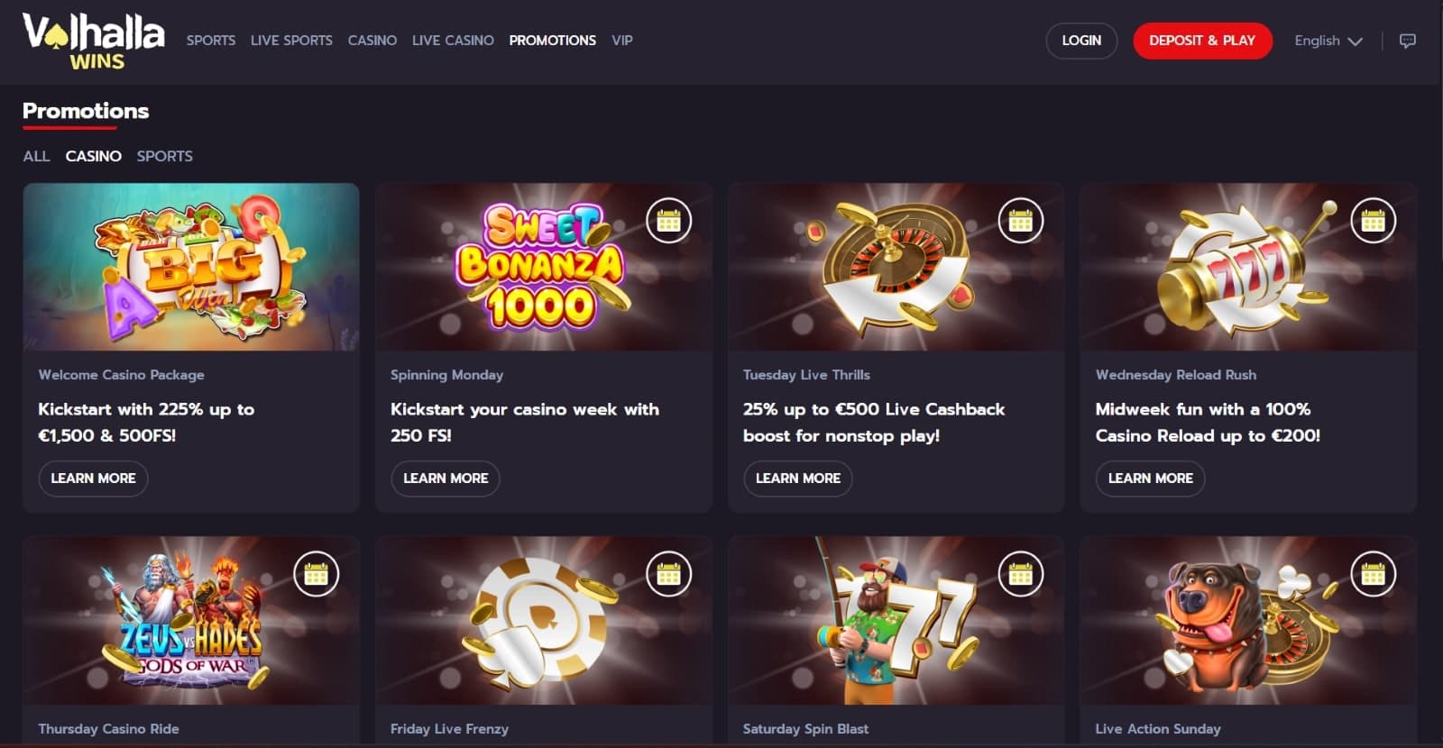 Valhalla Wins Casino promotions page featuring welcome bonuses, reload bonuses and cashback offers
