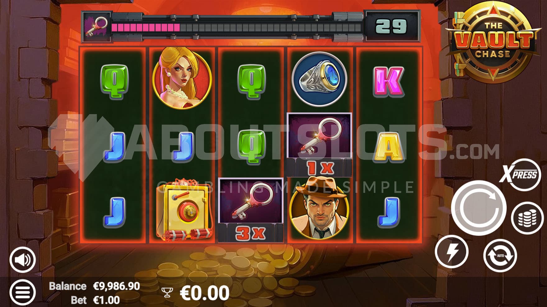 Base Game view of a 5x3 grid set against a backdrop of a demolished wall leading to a vault filled with gold.