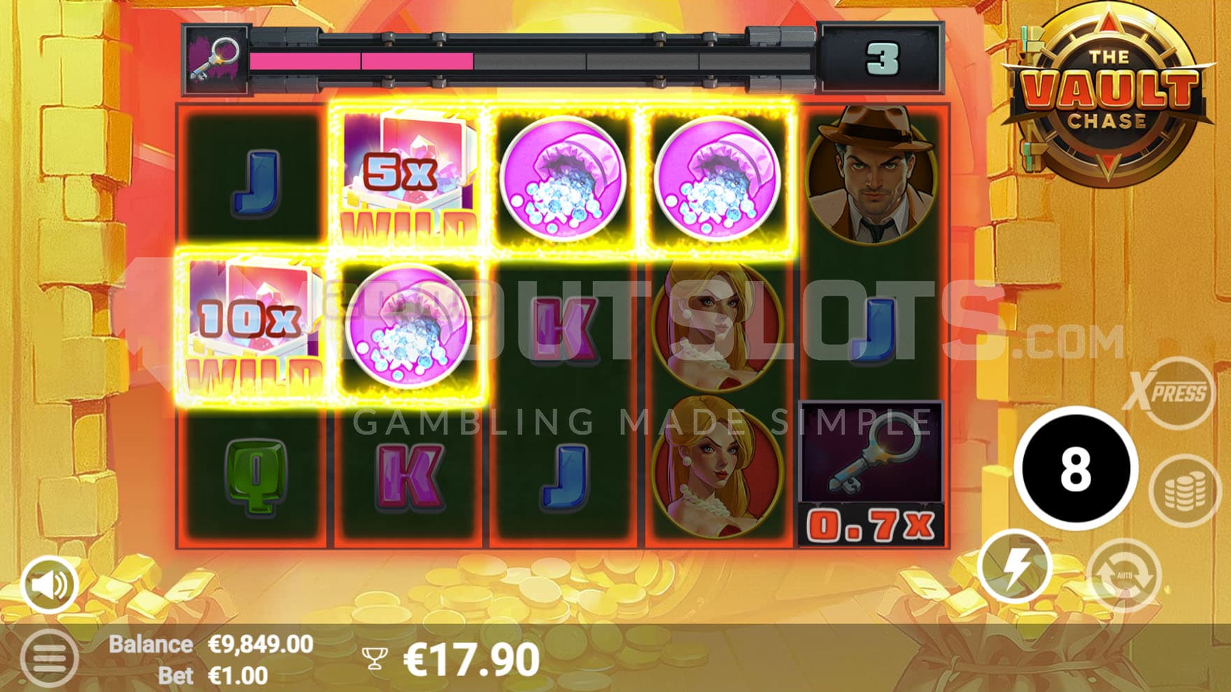 Free Spins bonus in progress, showing a win containing 2 Multiplier Wilds with values of 5x and 10x.