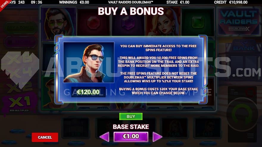 A screen offering the Free Spins for 120x the bet.