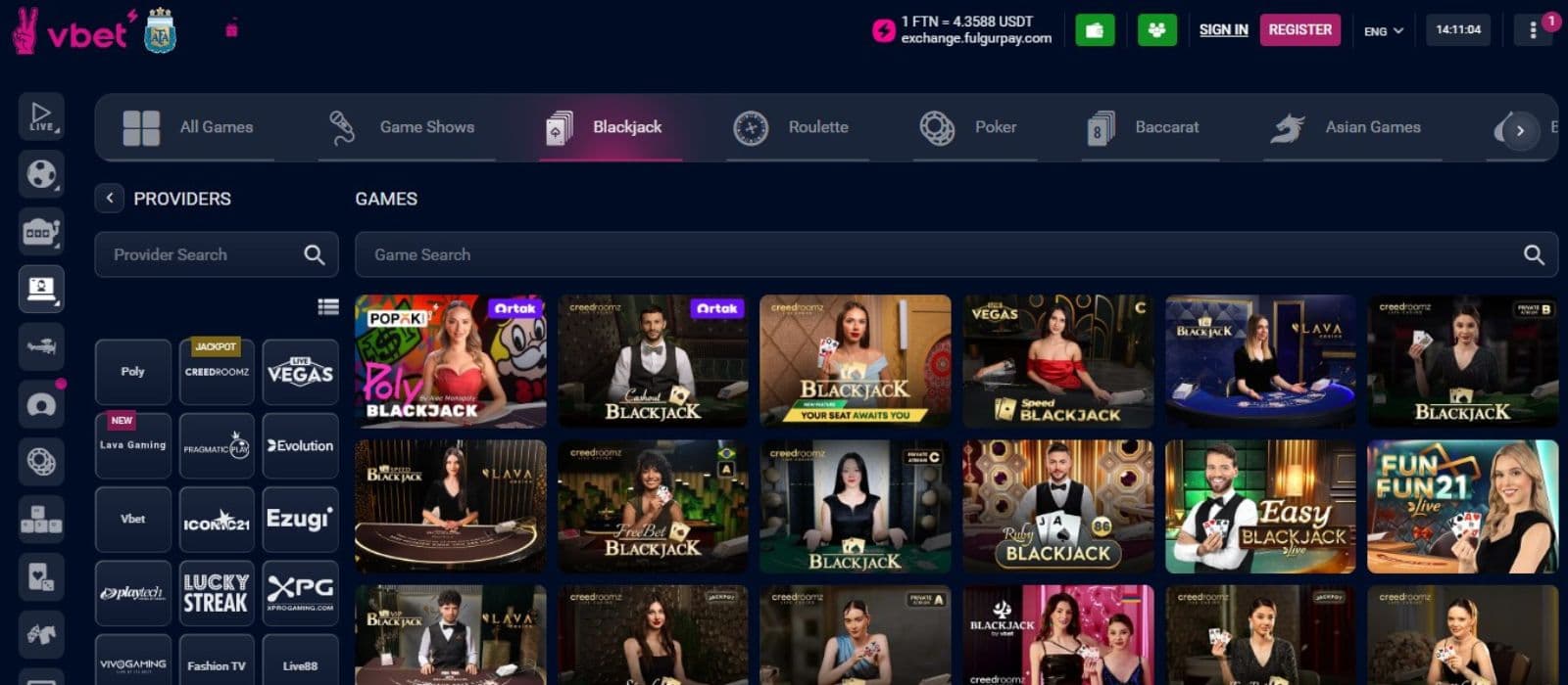 Vbet Casino's live games section, showing variations of blackjack.