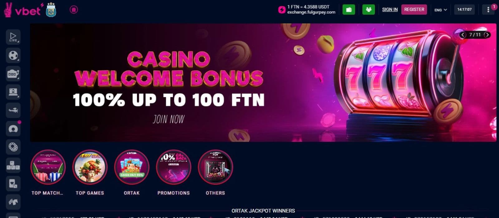Vbet Casino's homepage, showing the welcome bonus, a sidebar menu, and a slot machine.