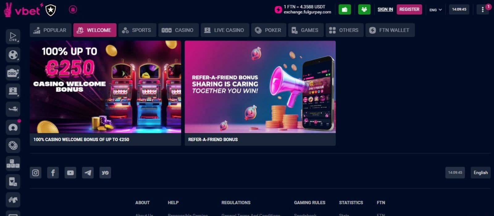Vbet Casino's promotion page, showing the welcome offer and referral bonus.
