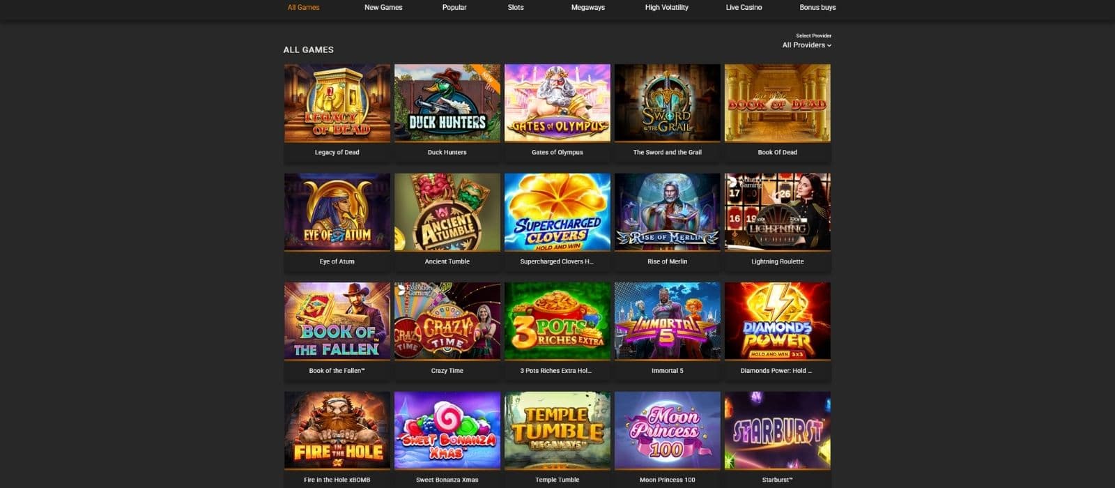VegaDream Casino games page showing a selection of popular slot games and the game category selection.