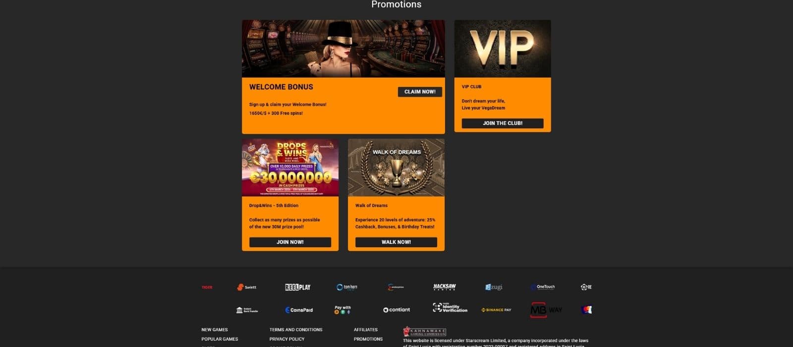 VegaDream Casino promotions page with the available bonuses and promotions.