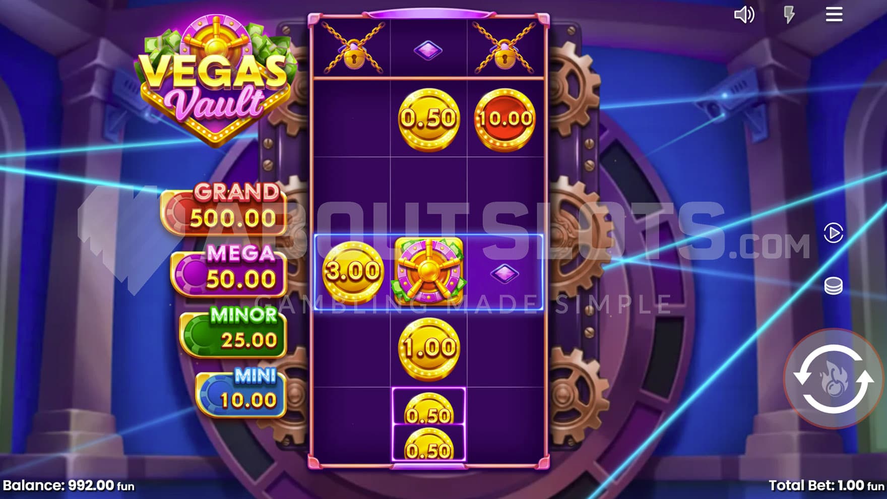 Base Game view of a 3x5 grid on a backdrop of a fortified vault.