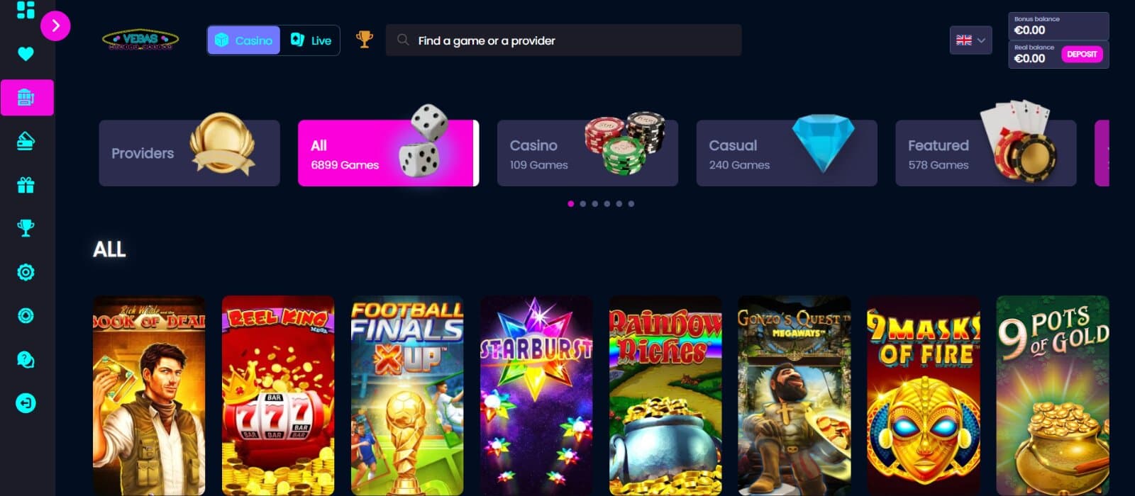 Vegas Mobile Casino games page featuring the main tab categories and slot icons with side navigational menu