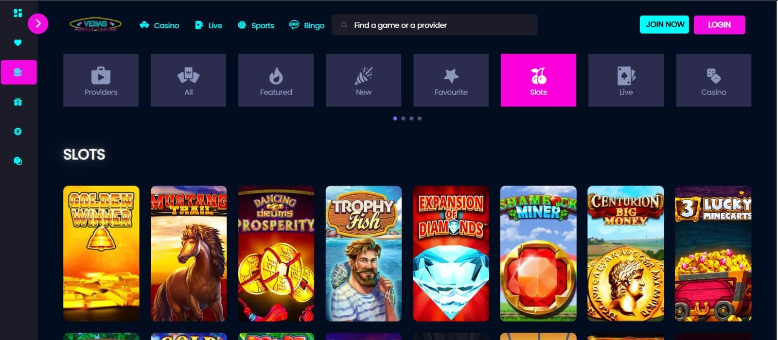 Vegas Mobile Casino games page with Mustang Trail and Trophy Fish slot titles under category tabs