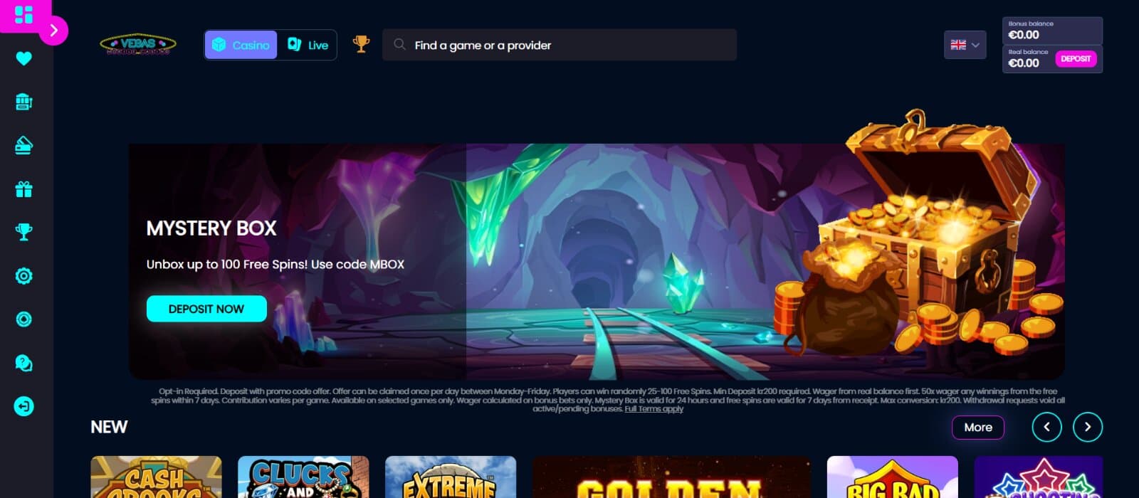 Vegas Mobile Casino landing page featuring the Mystery Box promotion banner, with the New slot game section with icons underneath