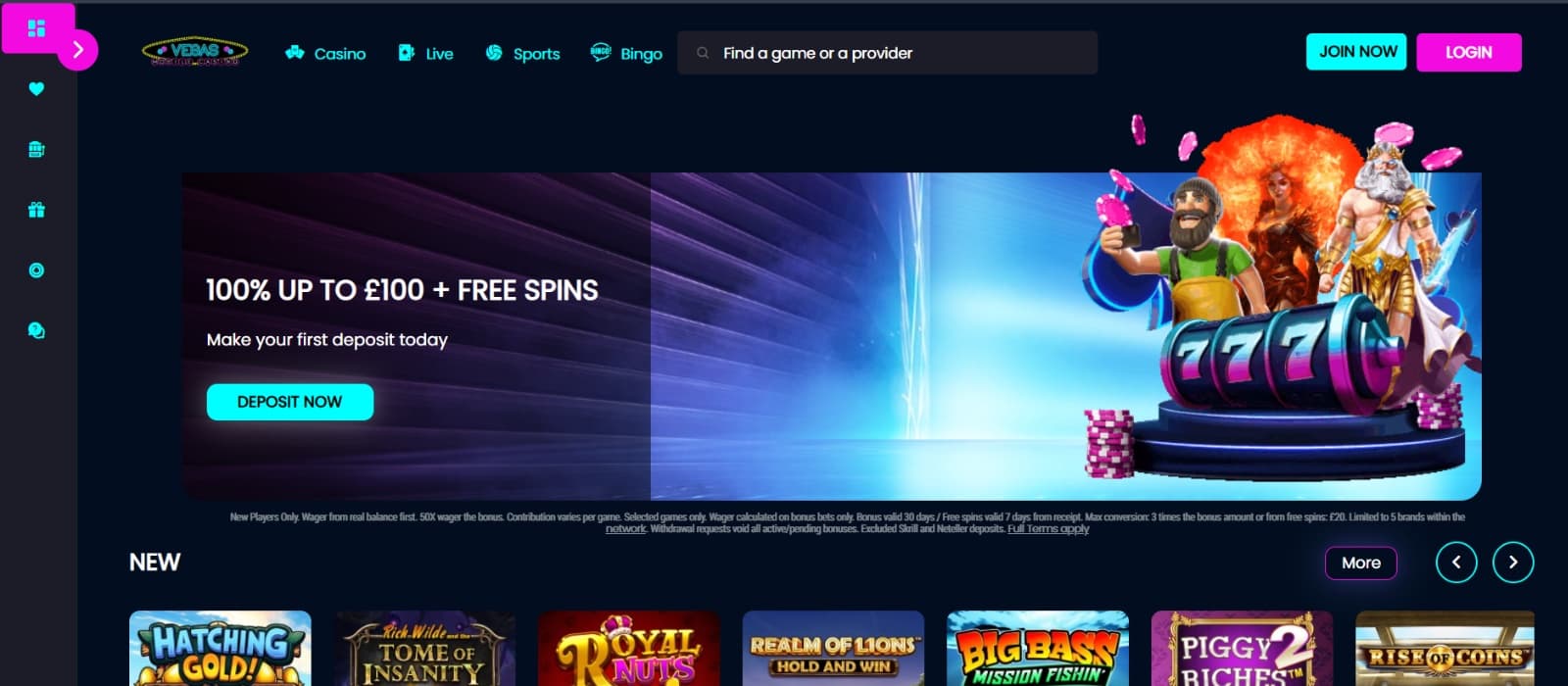 Vegas Mobile Casino landing page with Big Bass Bonanza and Gates of Olympus characters on welcome bonus banner