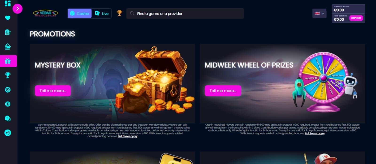 Vegas Mobile Casino promotions page featuring the mystery box and midweek wheel prize promotions with their respective images and terms