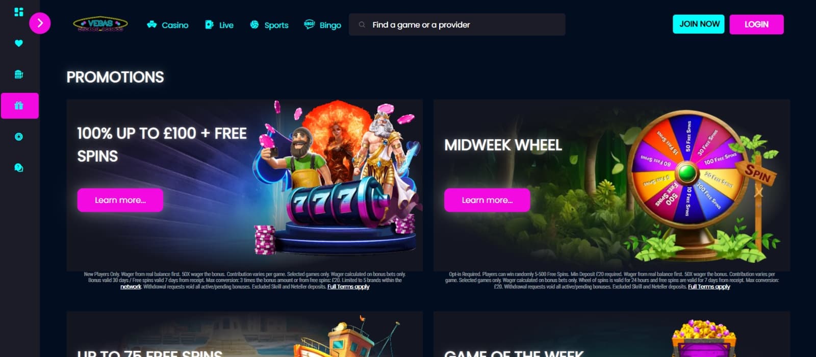 Vegas Mobile Casino promotions page with 100% welcome bonus and Prize wheel