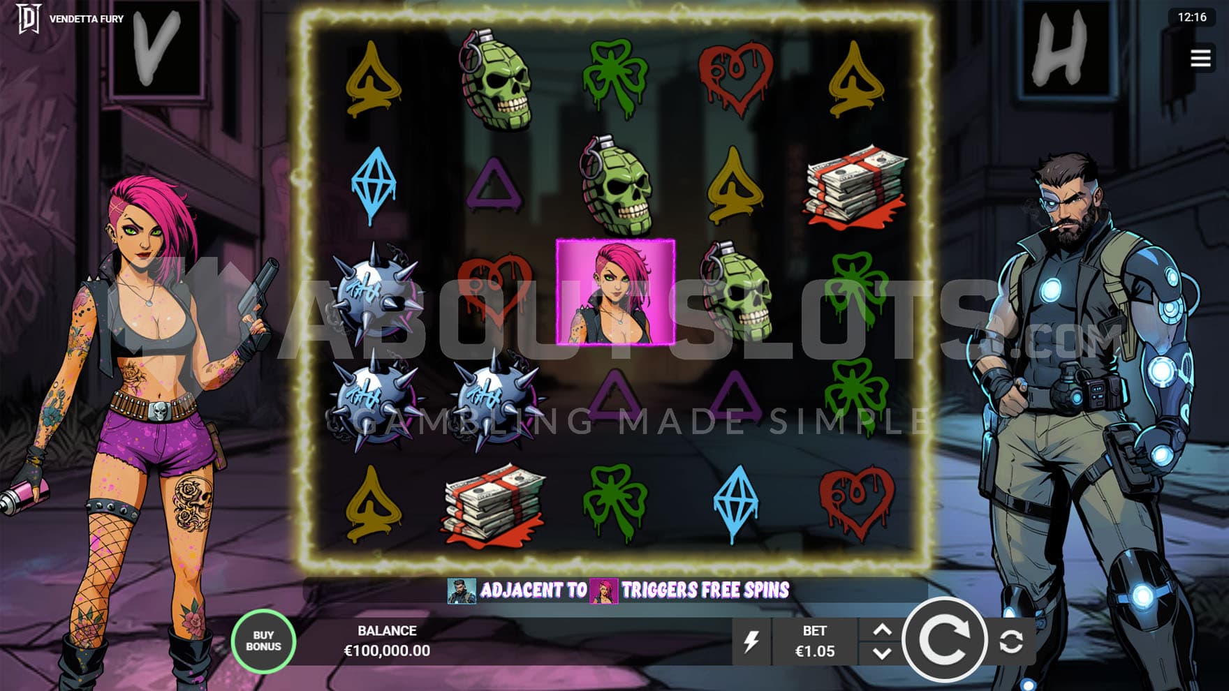 Base Game view of a 5x5 grid on a backdrop of a city street, with a punk woman and a cyber man standing on both sides.