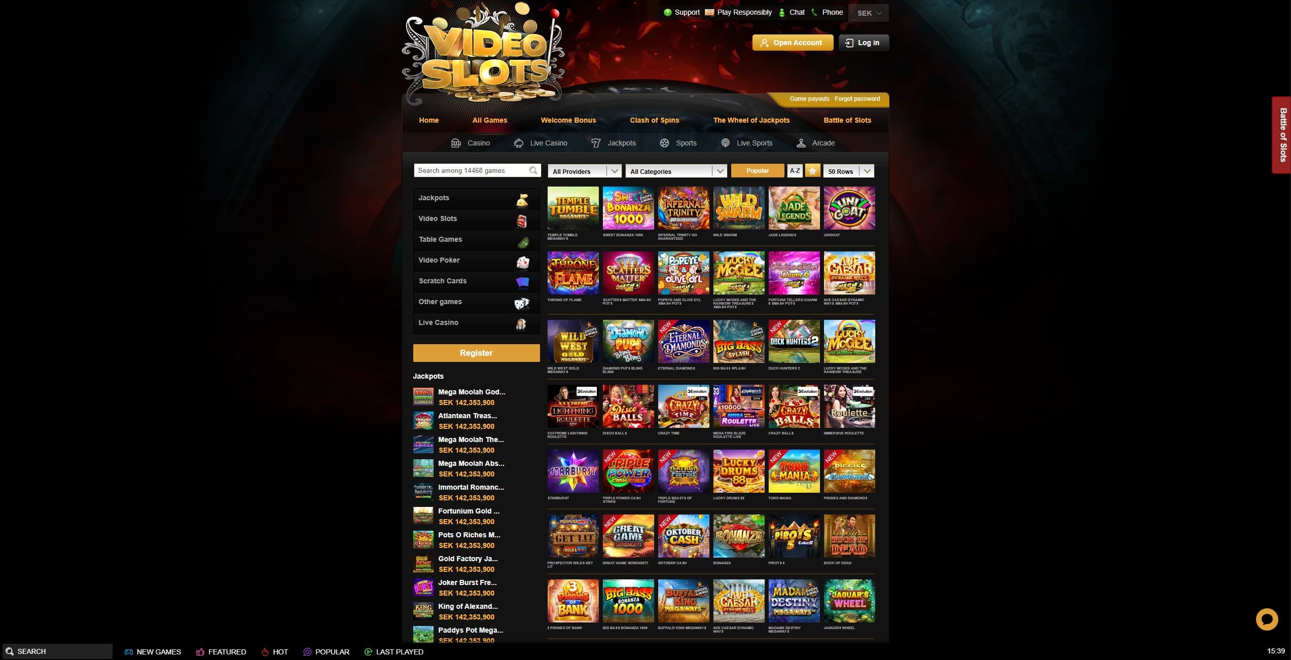 VideoSlots Games Page showing a selection of slots and jackpot games