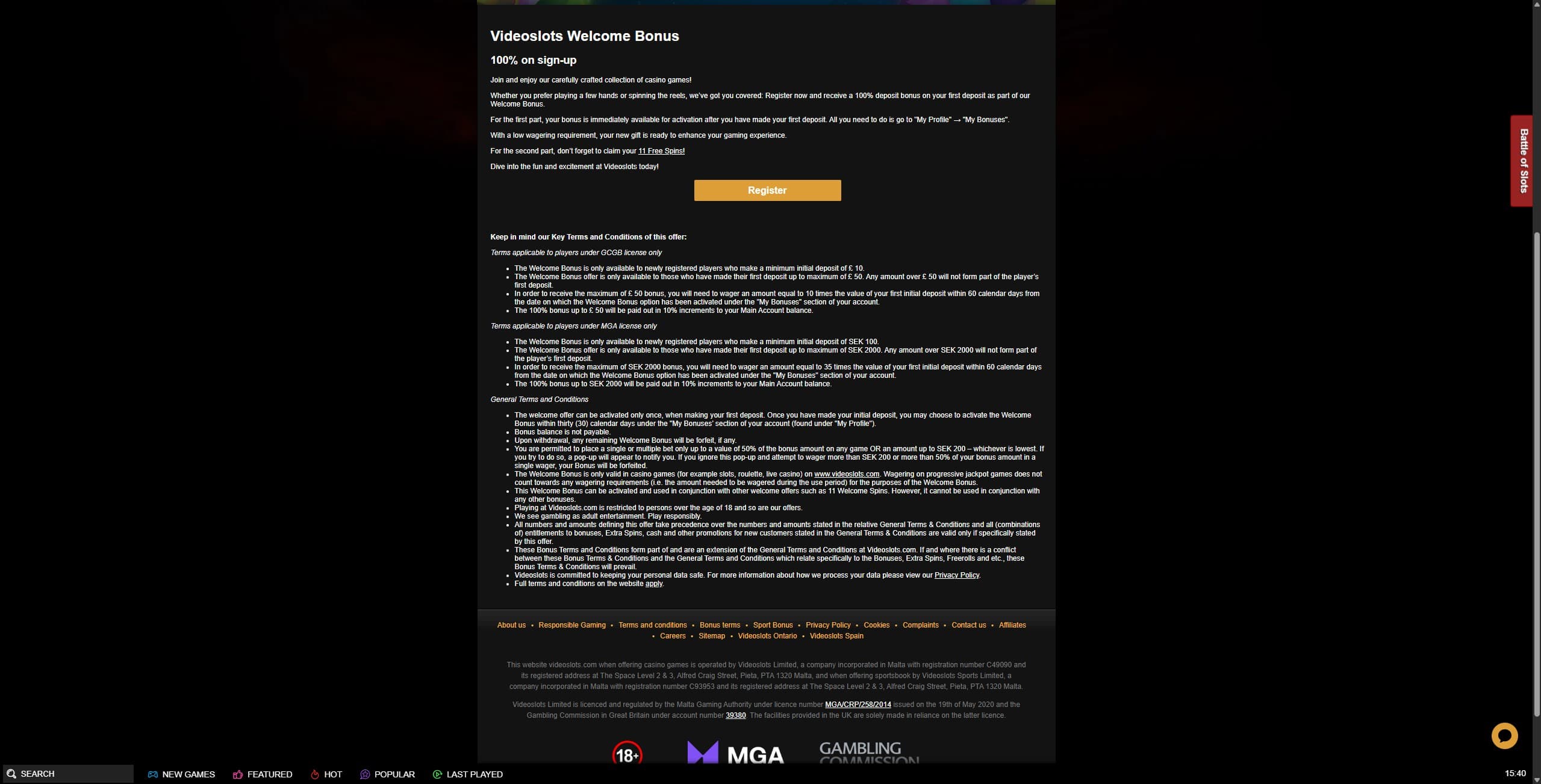 VideoSlots Promotions Page showing the welcome bonus and bonus terms