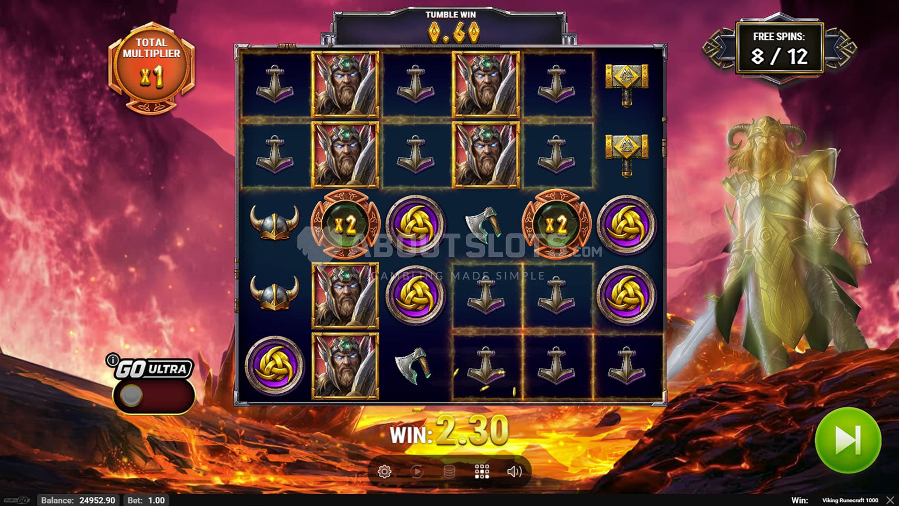 Free Spins bonus in progress, showing 2 Multiplier symbols on the grid.