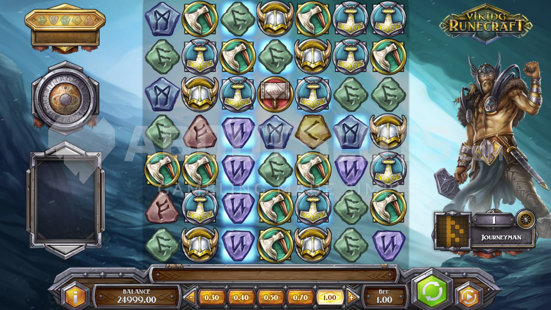 Base Game view of a 7x7 grid on a backdrop of Nordic mountains with Thor standing on the right.