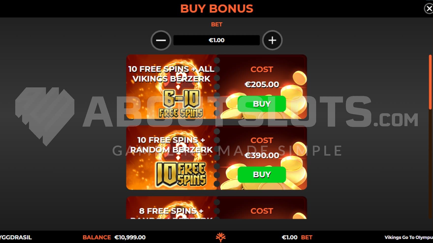 A screen offering several versions of the Free Spins.