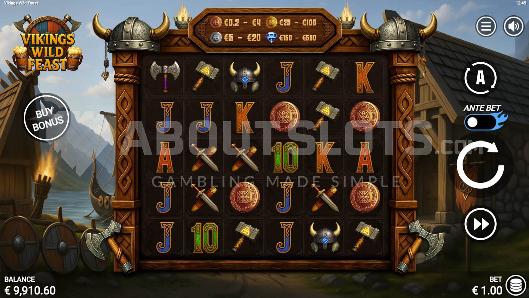 Base Game view of a 6x5 grid on a backdrop of a Viking village.