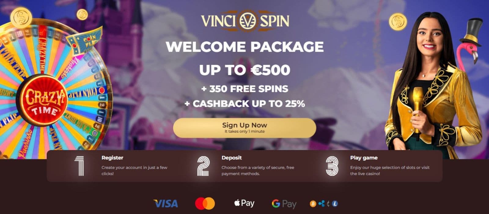 Vincispin Casino's homepage, showing the welcome bonus flanked by a lucky wheel and a game avatar.