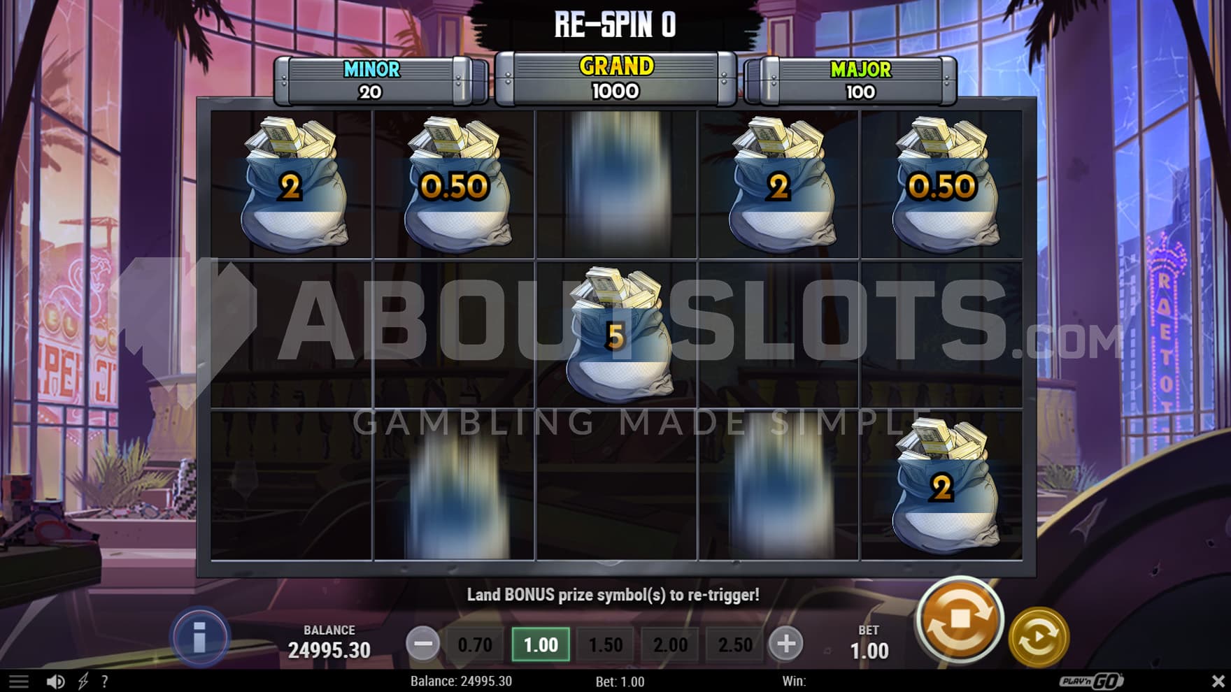 Heist Re-spins bonus in progress, showing multiple sticky Money Bag cash symbols on the grid.