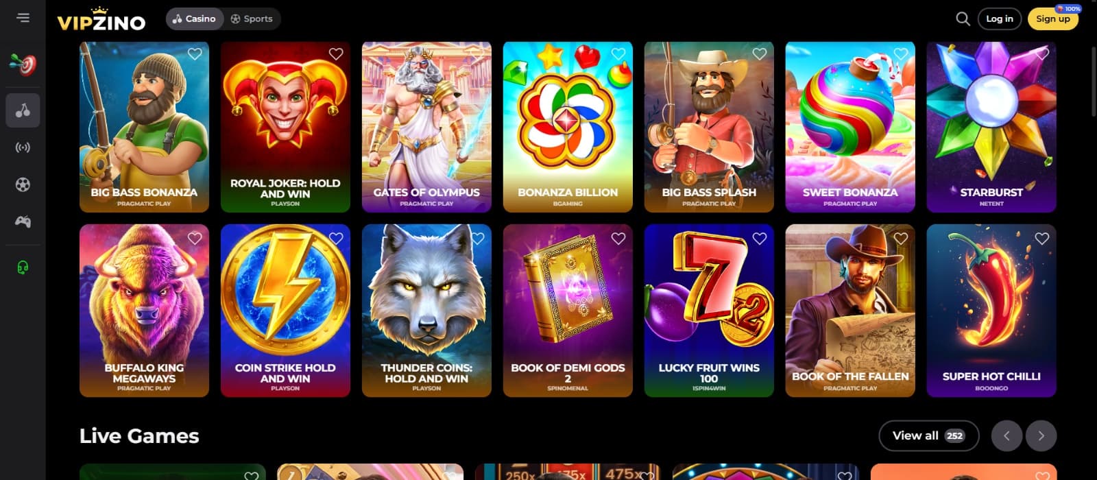 Vipzino Casino games page with top slots and live games such as Big Bass bonanza