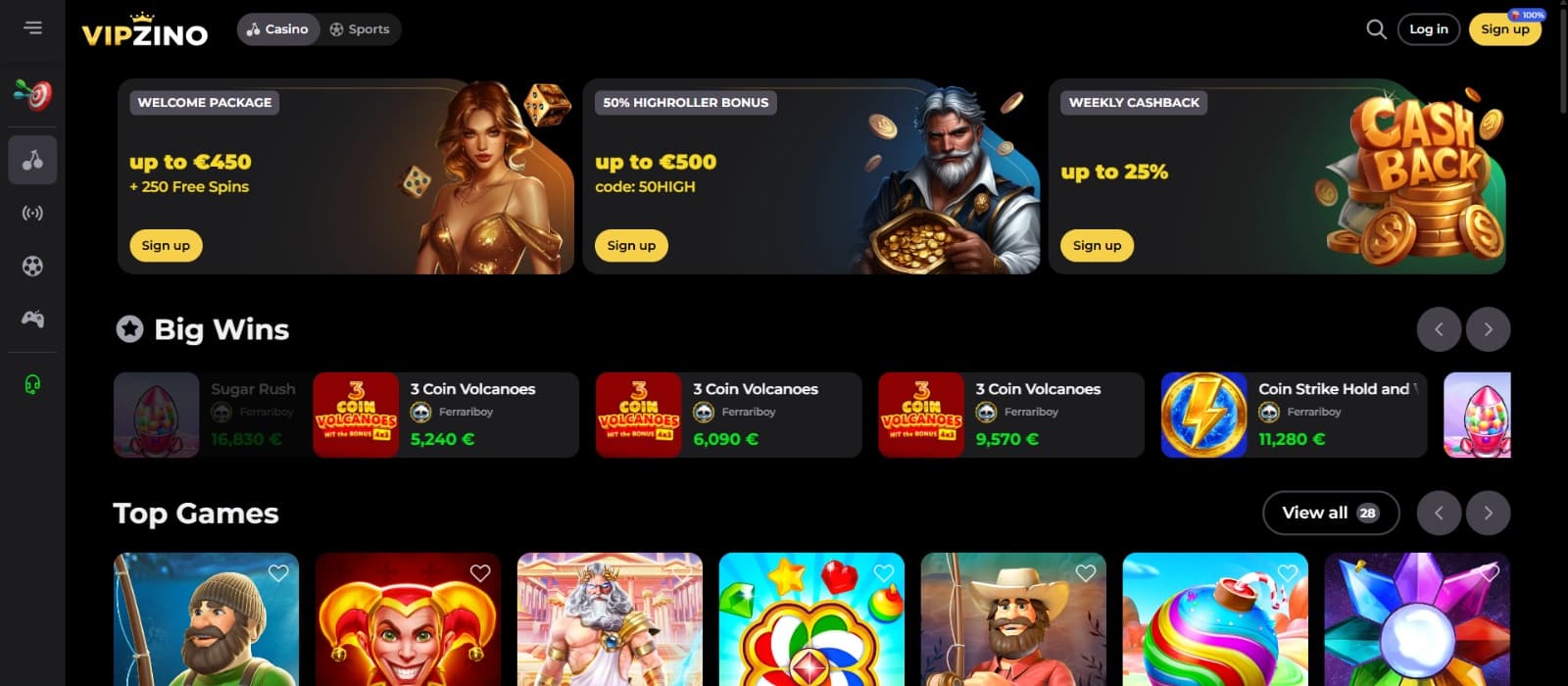Vipzino casino landing page with bonus, big winner and top game sections