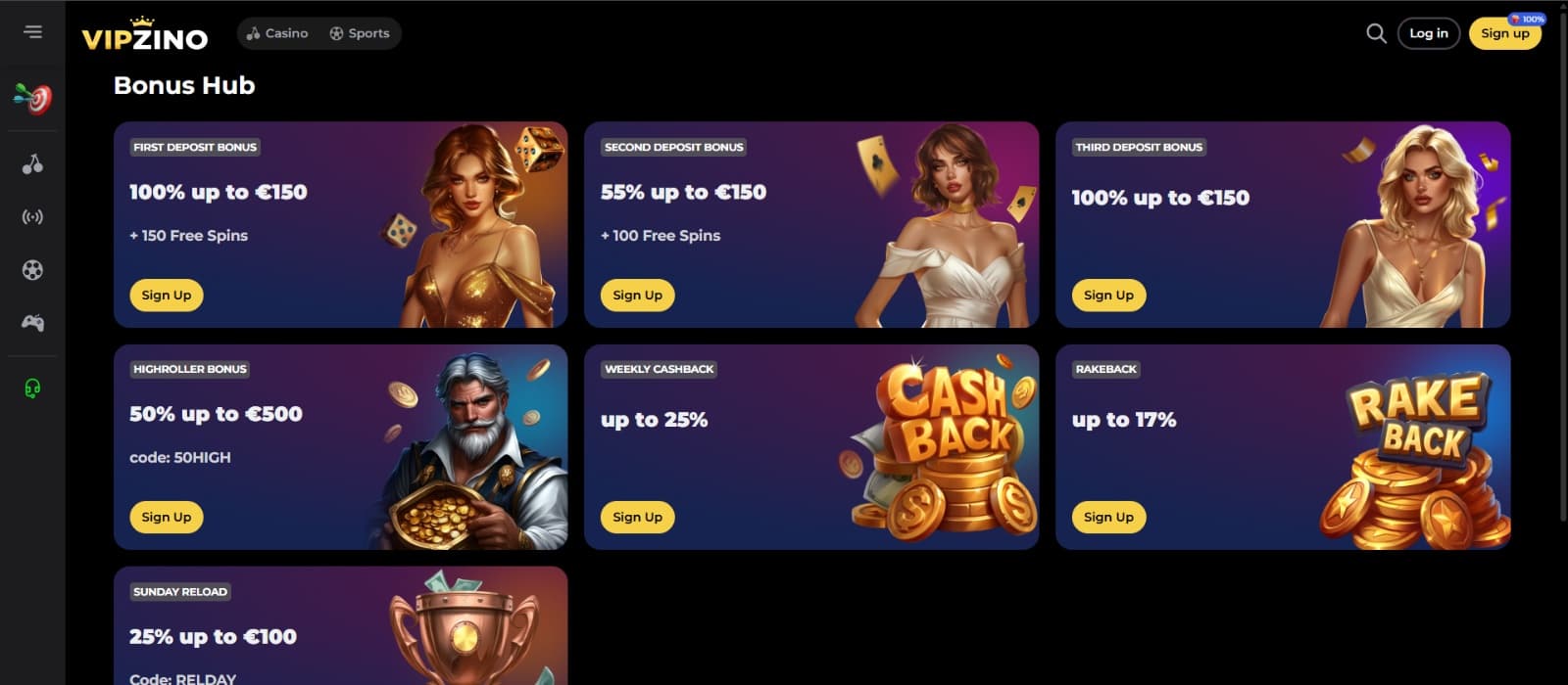 Vipzino Casino promotions page with sign up bonuses, cashback and reload bonuses