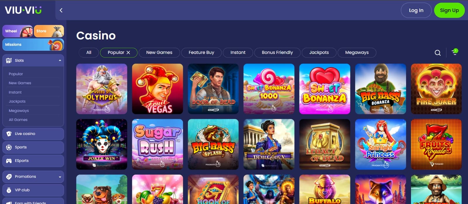 Viu-Viu Casino Games page featuring popular slots Sweet Bonanza, Gods of Olympus