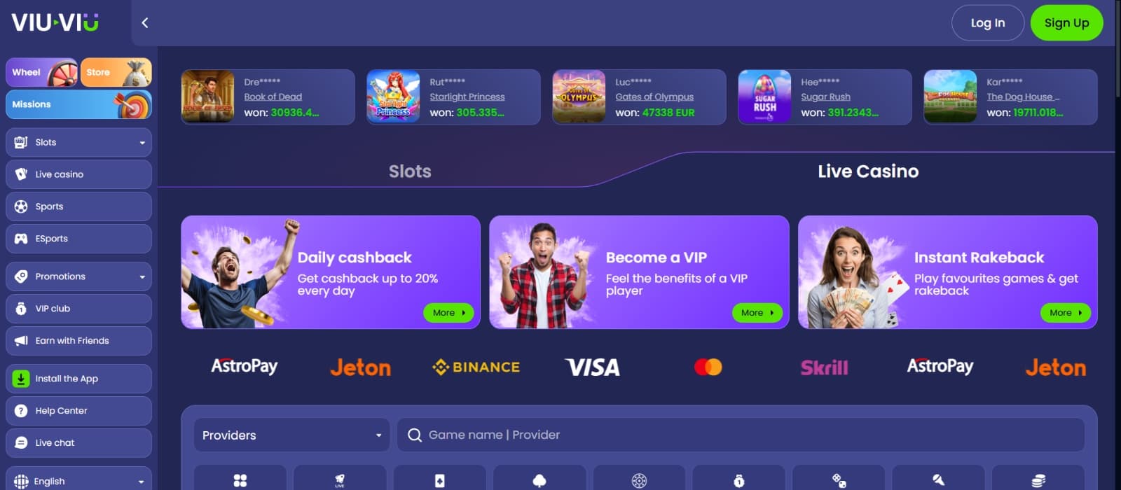 Viu-Viu Casino landing page with happy man and woman winning prizes