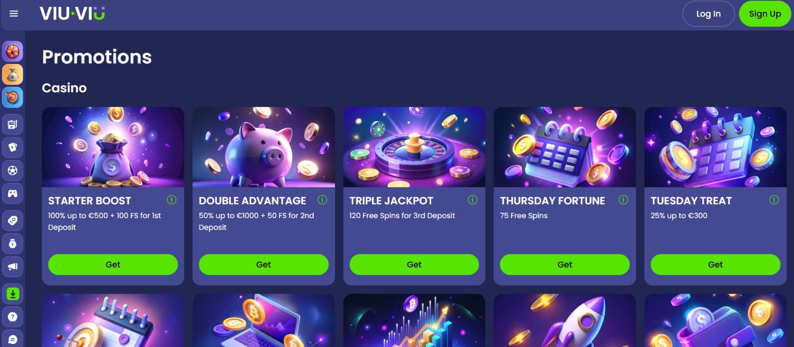 Viu-Viu Casino Promotions page with purple coins, piggy bank and roulette promo tiles